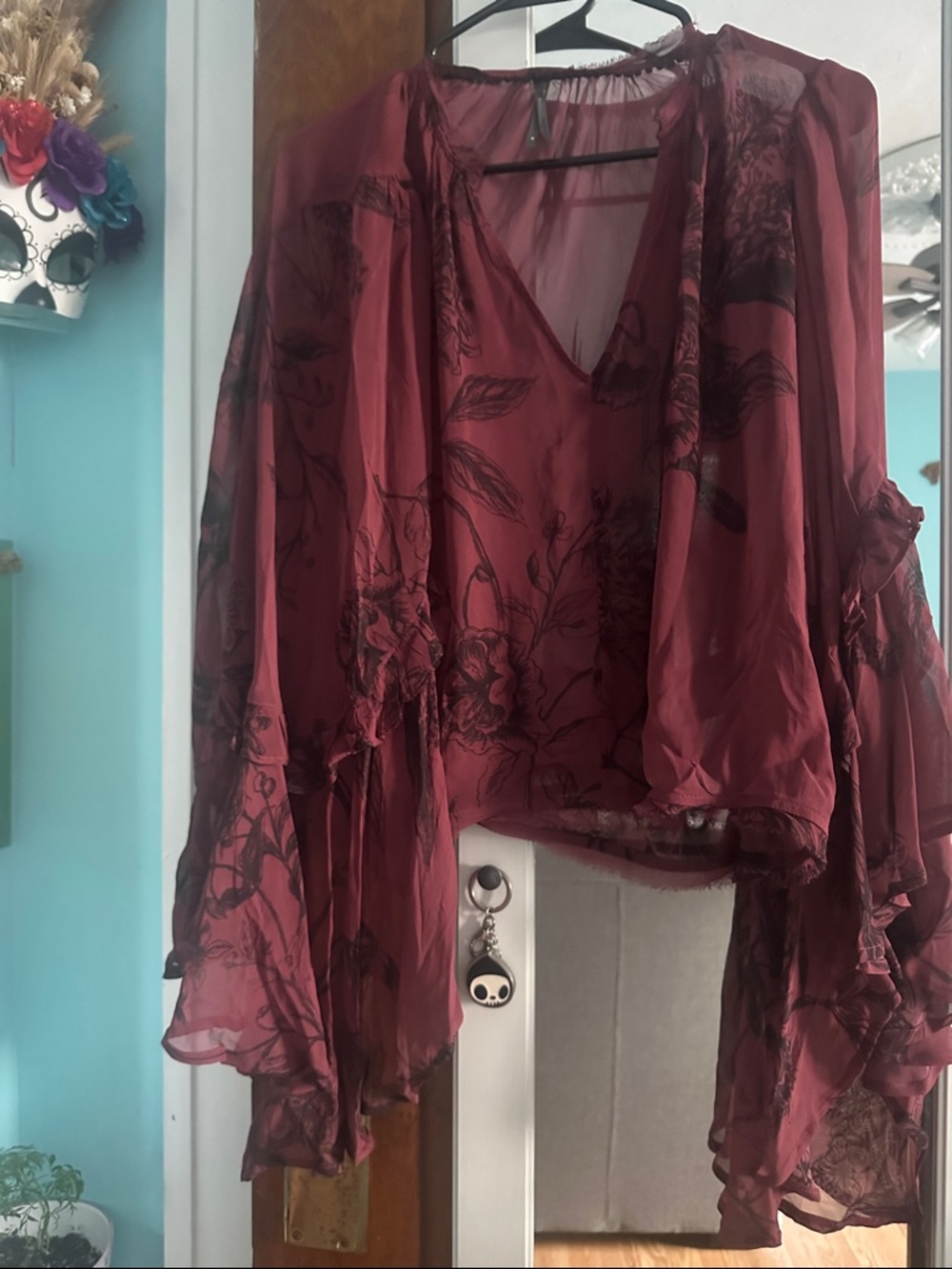Anthropologie Sheer Burgundy Floral Bell Sleeve Blouse